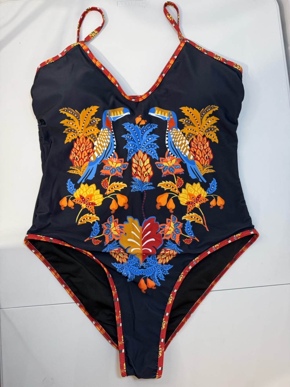 Cupshe Tropical Toucan One Piece Swimsuit XL Black Floral Boho